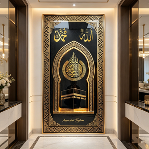 Art mural islamique <span class=keywords><strong>opulent</strong></span> noir et or avec calligraphie Kaaba <span class=keywords><strong>Ayat</strong></span> Al-Kursi, décoration de maison musulmane, peinture en porcelaine à LED et cristaux - Product Image 5