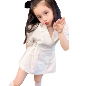 2021 New Kids Outfits Summer Children Clothes British Style Collect Waist Lacing Joker Business Suit A-line Skirt Girl Dress