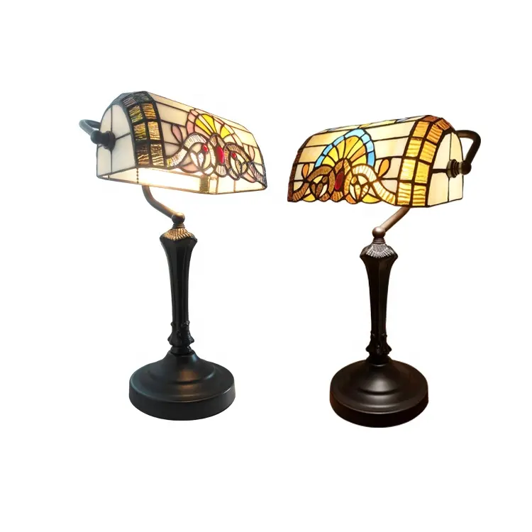 8'' Antique Iron Metal Base Touch Switch Tiffany Art Glass For Traditional Banker Table Lamp LED