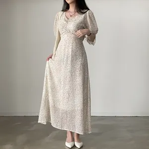 Korean Clothes Women Spring Fragmented Flower Dresses Women's Chiffon Long Dress With Inner Lining Fashion Dress