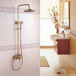 Ensemble de douche rétro de luxe européen, finition antique tout cuivre, pommeau de douche supérieur avec lumière LED, technologie brossée, anti-corrosion - Product Image 1