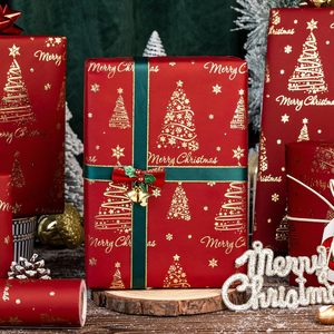 Red Christmas Wrapping Paper Roll 17in x 32.8ft Gold Foil Trees And Letters Gift <b>Wrap</b> For Holiday Celebration - Product Image 3