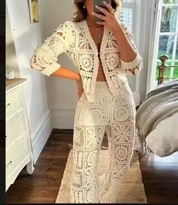 Professional Leisure Suit Hollow Hook Flower Beige Long Sleeved Knitted Cardigan Casual <b>Pants</b> Set 2 Pieces Set Fashion - Product Image 1