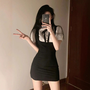 Sweet And Spicy Girl School Style Faux Two Piece Dress 2025 Summer Salt Style Slimming Puff Sleeve Bodycon Mini Skirt For Women - Product Image 4