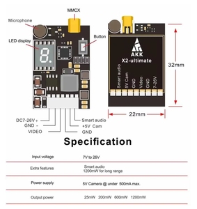 AKK X2-Ultimate 5.8GHz 37CH Smart Audio for RC Racing <b>Drone</b> <b>Quadcopter</b> 25mW/200mW/600mW/1200mW Power Output - Product Image 6