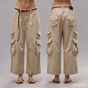 Pantalones <span class=keywords><strong>Cargo</strong></span> Anchos <span class=keywords><strong>Beige</strong></span> Personalizables, Pantalones Vaqueros Holgados de Cintura Baja con Múltiples Bolsillos para <span class=keywords><strong>Mujer</strong></span>, Ropa Urbana - Product Image 1