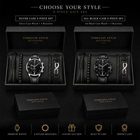 Promotion Luxe Ensemble Montre et Bijoux Homme 5 Pièces, Montre-Bracelet Chronographe à Quartz en Cuir Noir Fait Main, Bracelet Tressé Infini, Cadeau