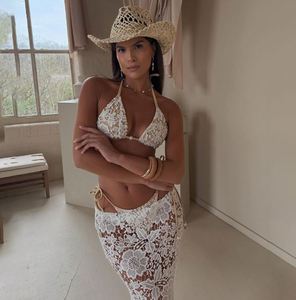 Etiqueta personalizada ESTOQUE Triângulo Branco Top Lace 3 Peças Beachwear Com Longo Beachdress Sexi Mulheres Maiô Biquíni Set - Product Image 3