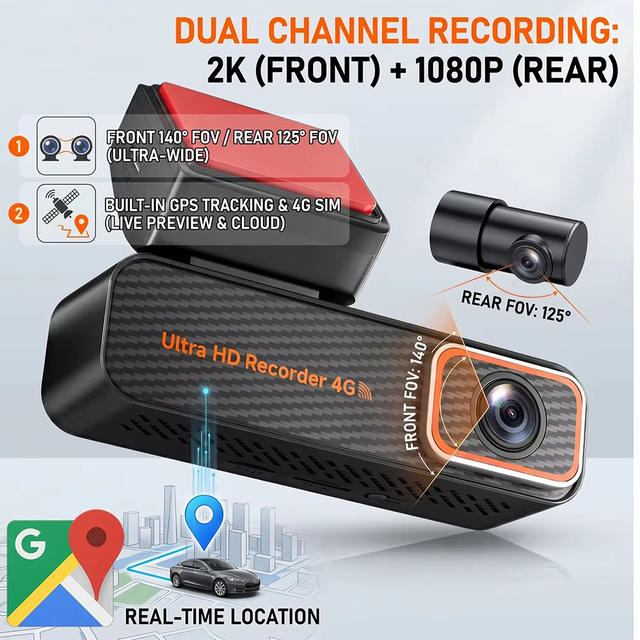 Professional 4G Dual Lens Video Recorder Car Camera M7 2K Resolution GPS Tracking Night Vision Remote Monitoring Cloud Server