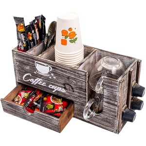 Estante de almacenamiento para estación de café de estilo rústico, soporte de madera para accesorios de barra de café, para cápsulas de café, bolsitas de té, tazas y jarabes. - Product Image 1