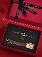 LUCKYFOX Montre Carrée à Quartz Simple et Tendance pour Femme, Bracelet 2 Pièces en Cuir Verre Luxe Léger, Style Vintage, Cadeau de Festival