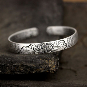 Bracelet en argent thaïlandais plaqué vintage ethnique <span class=keywords><strong>Lotus</strong></span> Heart <span class=keywords><strong>Sutra</strong></span> pour femmes, bracelet bouddhiste ancien, bracelet ouvert chinois - Product Image 5