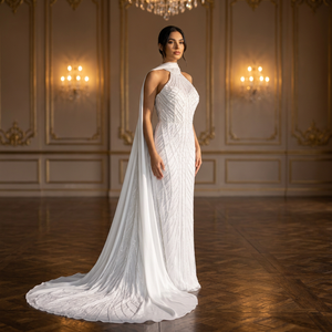Vestido de Novia Moderno de Satén con Cuentas, Estilo Vintage, Talla Grande, Sin Mangas, Cuello Redondo, Largo hasta el Suelo, Estilo Sirena/Trompeta, Cintura Natural - Product Image 6