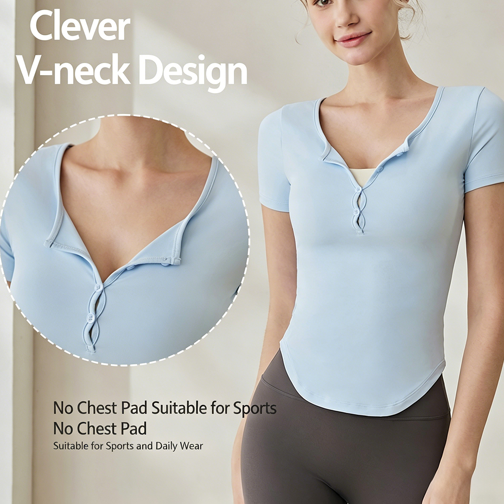 Women's Clever V-Neck Short Sleeve Yoga Top Button Detail Curved Hem No Chest Pad Buttery Soft Breathable Lightweight Skinny Fit