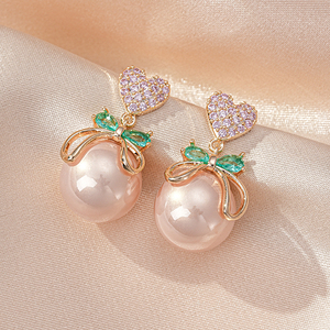 SENYU moda 15mm imitación bola redonda perla pendientes pavimentado Zirconia cúbica moda Rosa corazón Bowknot diseño boda joyería - Product Image 4