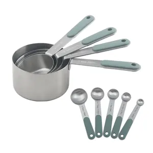 Herramientas de cocina de acero inoxidable, juego de tazas y cucharas de medición con mango de silicona, 9 Uds.