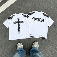 Kaos Rajut Custom DTG Letter Print 100% Katun Unisex Oversize Bernapas Lengan Pendek 300g Retro Street Vintage Acid Washed