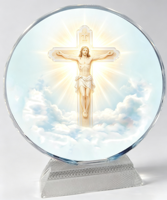 Fournisseur chinois de trophées en verre cristal personnalisés avec base, logo gravé, texte, Jésus, cadeau religieux, photo ronde personnalisée