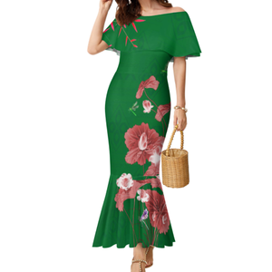 Vestido de Mujer con Estampado Polinesio Estilo Hawaiano, Diseño Chino, Talla Grande, Hombros Descubiertos, Cola de Pez y Volantes - Product Image 4
