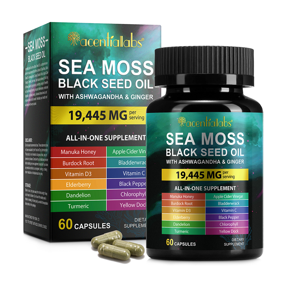Acentialabs Sea Moss Black Seed Oil – 19,445 mg All-in-One Supplement with Ashwagandha & Ginger, Enriched with 15+ Herbs, Vitamins & Minerals including Manuka Honey, Burdock Root, Bladderwrack & Turmeric – 60 Veggie Capsules