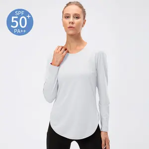 Camiseta anti uv manga comprida upf 50 +, camiseta feminina folgada para academia yoga proteção solar para atividades ao ar livre