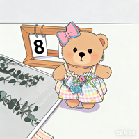 Peluche Teddy ISLAND sous licence mondiale avec robe florale à carreaux colorée, pendentif appareil photo et nœud rose