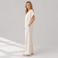 Ensemble deux pièces en viscose slub beige pour femme, haut à manches courtes et pantalon large, vente en gros, marque privée, usine OEM ODM