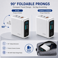 Chargeur rapide GaN 67W avec écran LCD, chargeur mural USB C 3 ports, interrupteur tactile, prise pliable US, adaptateur de voyage pour ordinateur portable et téléphone