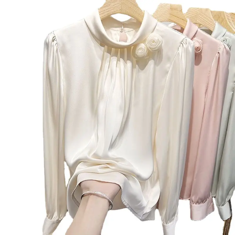 Satin Women's Shirt Stand Collar Office Lady Blouse Vintage Shirt Loose Pullover Elegant Shirts Pink Fashion Tops