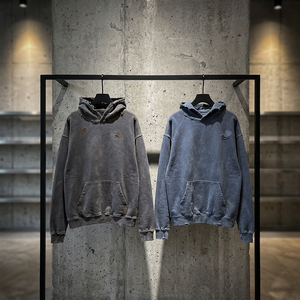 Men's <b>Vintage</b> Washed 100% Cotton Print Autumn Knitted <b>Oversized</b> Hoodie Raw Edge Distressed Pullover <b>Sweatshirt</b> - Product Image 1