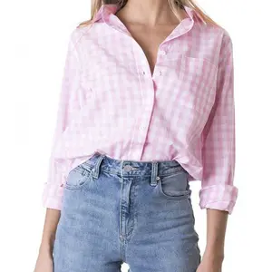 女式方格格子休闲纽扣前衬衫，适合女式侧袋v领水牛伐木工人风格