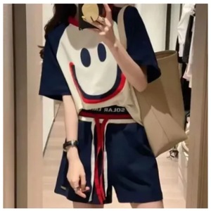 Women's Summer <b>Tracksuit</b> Embroidered Smiley Face Loose Fit Casual Short Sleeve Top And Shorts Plus Size 200 Lbs - Product Image 4