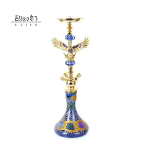 이우 Erliao 도매 저렴한 크리스탈 Nargile Shisha 3 호스 파이프 세트 블루 그릇 담배 Shisha