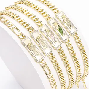 CM YIM Custom Fashion Jewelry Green San Judas Tadeo Bracelet 14k Gold Plating Cuban Figaro Chain Religious Pulsera Wholesale