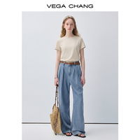 T-shirt à manches courtes col rond violet clair VEGA CHANG pour femme, coupe ajustée, style court, décontracté, basique, vente en gros