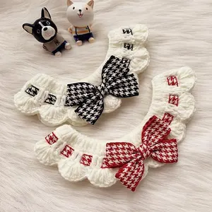 Mèo Crochet Bow Tie Cổ Áo Dễ Thương Dệt Kim Khăn Kẻ Sọc Vật Nuôi Len Bandana Cổ Áo Với Hoa Chuông Mèo Vòng Cổ