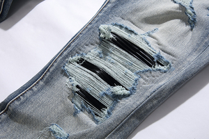 カスタムデザイナージーンズ男性用スリムフィット弾性刺繍ファッションスキニージャンスタイル男性用壊れ穴デニムジーンズ