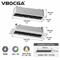 Plafonnier encastré moderne 10W LED sans cadre, cinq têtes, rectangulaire, en aluminium COB pour bureau
