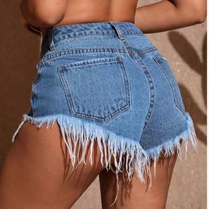 Shorts de mezclilla OEM de cintura alta para mujer, estilo casual recto con botones y cremallera, rasgados, sexys, de gran venta para el verano - Product Image 4