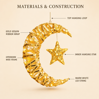 Ornement suspendu en forme de croissant de lune en ruban à paillettes dorées pour l'Aïd du Ramadan, avec étoile intérieure et LED chaude, réutilisable et durable pour mur, fenêtre, maison