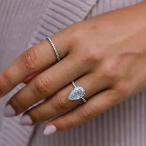 梨子订婚戒指配6ct D色moissanite钻石14k白金钻石带冰花8心8箭花式珠宝
