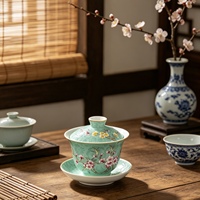 Gaiwan en porcelaine Famille Rose de qualité supérieure, style Sgraffito traditionnel, motif Sérénité Hivernale, tasse à thé Kung Fu avec couvercle et plateau