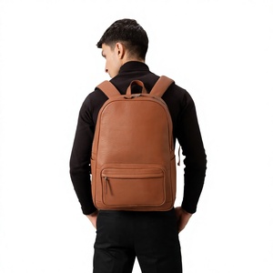Unisex Genuine Leather <b>Backpack</b> Solid Brown Zipper Closure Front Pocket Adjustable <b>Strap</b> Durable Casual Daily Use - Product Image 6