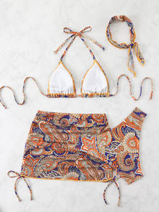 Set bikini da donna in 3 pezzi con stampa Paisley, top triangolare con laccetto + minigonna + foulard per la testa, set da bagno per vacanze - Product Image 3