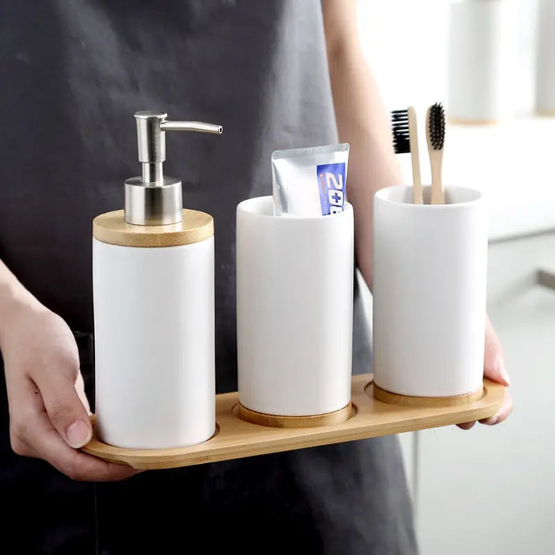 Set kamar mandi rumah minimalis, Set Dispenser sabun tangan cair mewah dengan nampan Modern dan 3 barang plastik