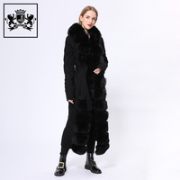 Janefur Cardigan à capuche de luxe de haute qualité à col en fourrure de renard pour femmes Manteau long à garniture en fourrure d'hiver pour femmes