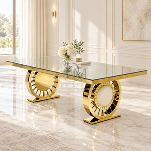 Table de banquet moderne en acier inoxydable doré avec plateau en verre miroir et double base ronde sur piédestal – Mobilier événementiel en gros - Product Image 2