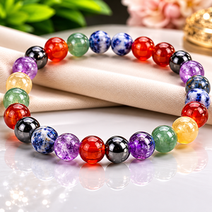 Pulsera de cuentas de piedra de chakra, brazalete elástico de hematita pulida multicolor, regalo de joyería - Product Image 2