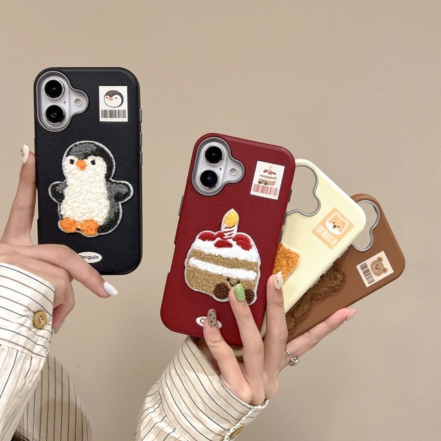Cute Cartoon Embroidered Shock-proof Imitation Leather Case for iPhone 16 15 14 Pro Max