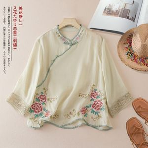 Traditional Chinese Embroidered Blouse Women's Pink Mid Sleeve With Floral Pattern And Stand Collar - Product Image 3